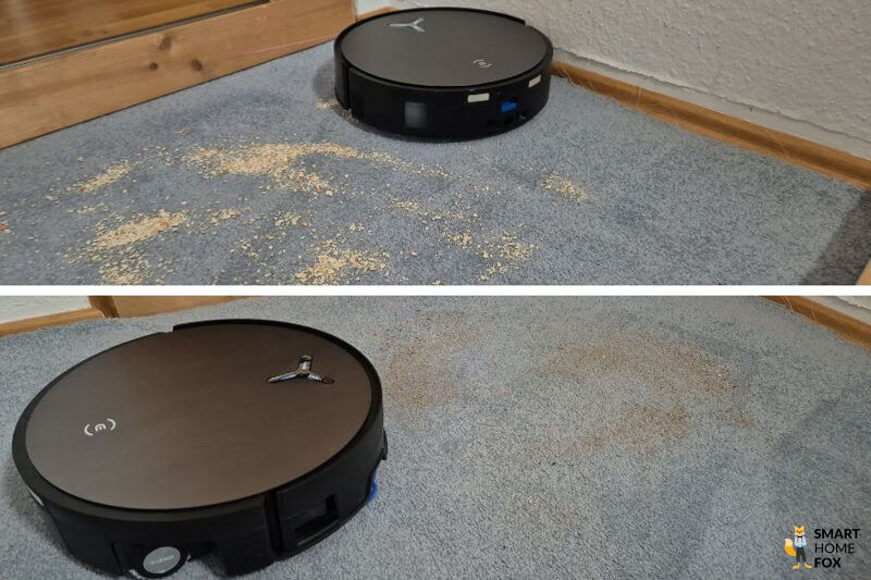 Die Saugkraft des X9 wird im Test an Teppich gemessen und saugt sand vom Teppichboden auf - 16.600 Pascal Saugleistung.